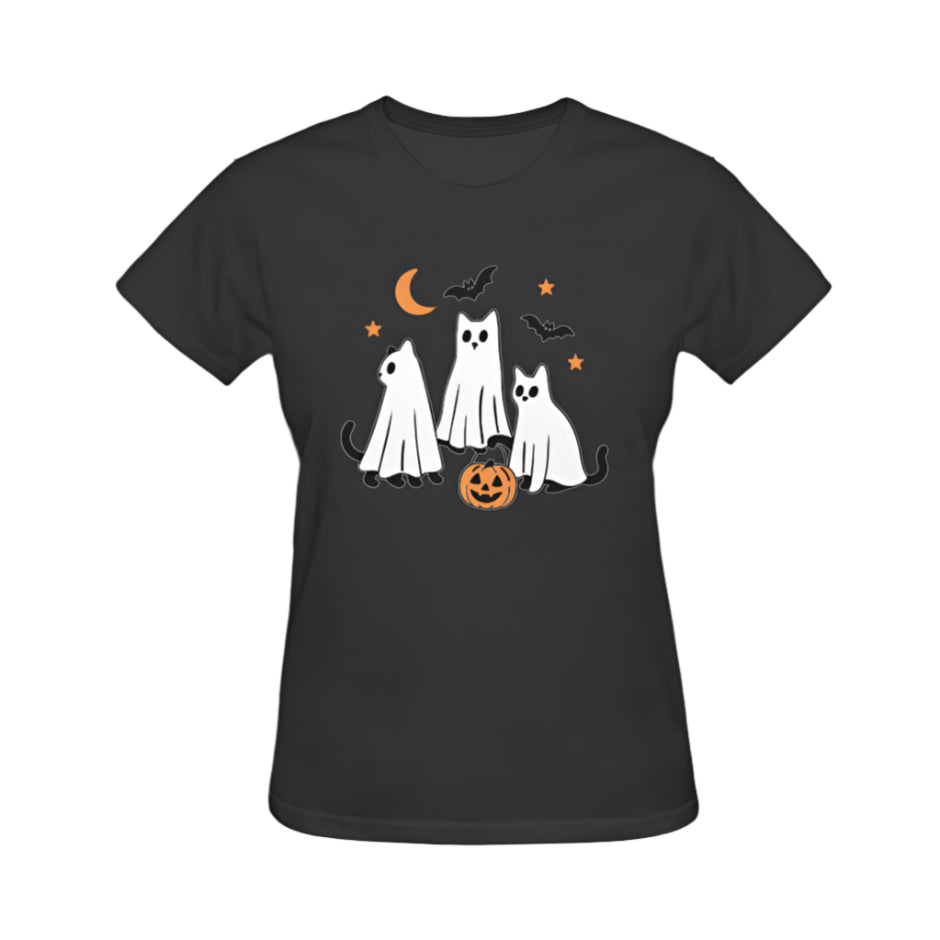 Ghost Cats Halloween Graphic Tee - Black
