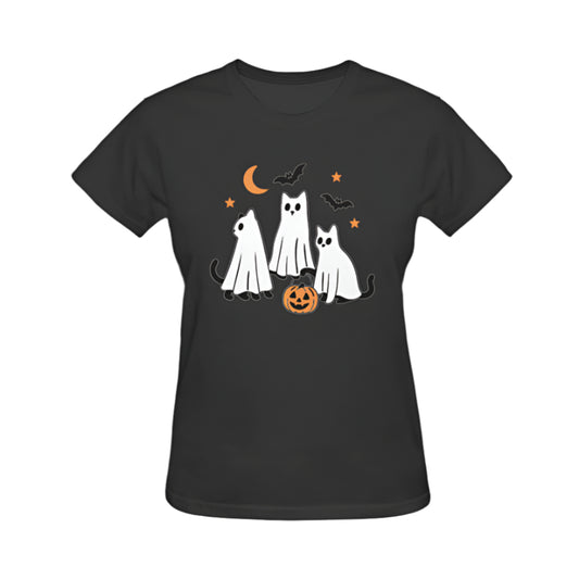 Ghost Cats Halloween Graphic Tee - Black