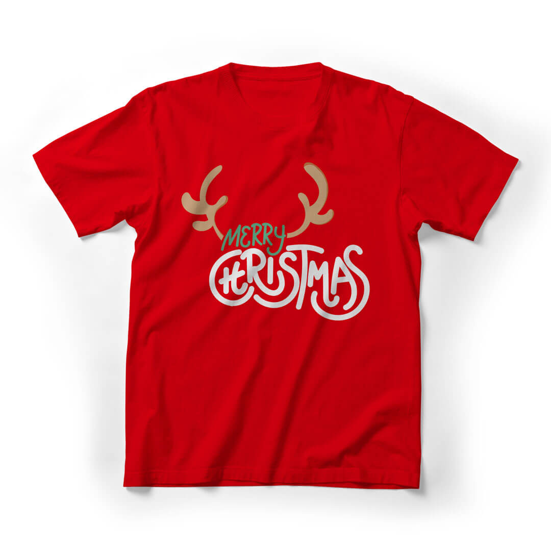 Merry Christmas Reindeer Antlers Graphic Tee - red