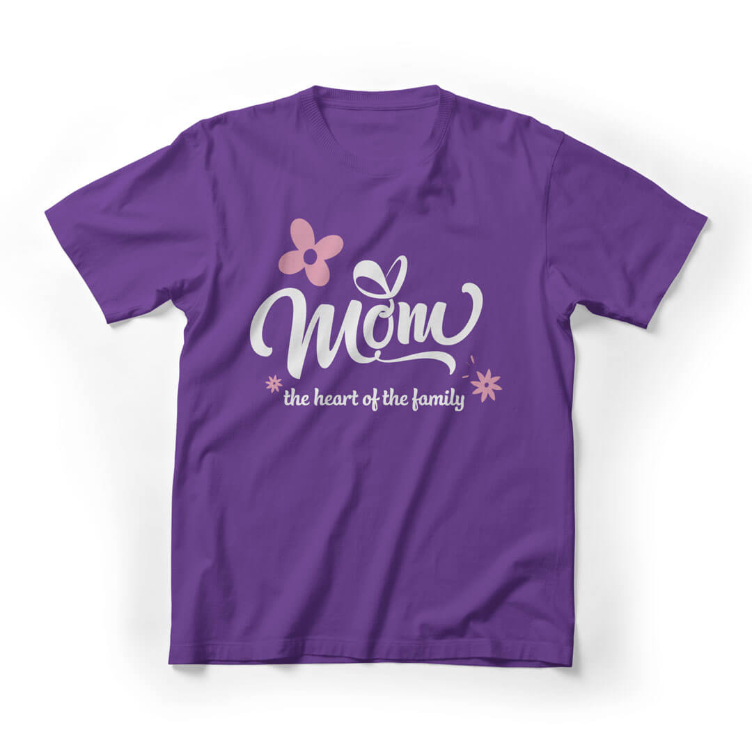 Mom The Heart Of The Family Graphic Tee - Purple