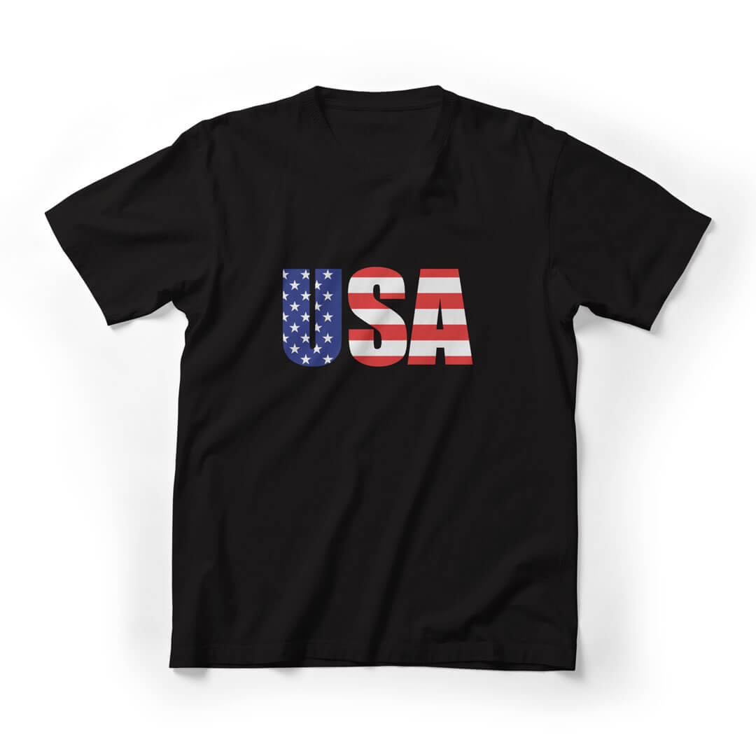 USA Flag Letters 4th of July Graphic Tee - Black