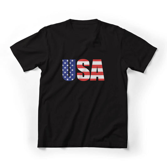 USA Flag Letters 4th of July Graphic Tee - Black