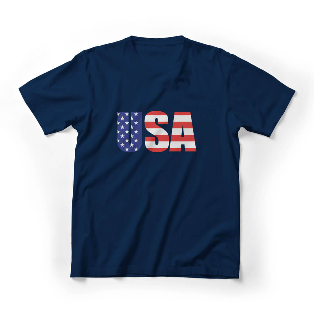 USA Flag Letters 4th of July Graphic Tee - Navy