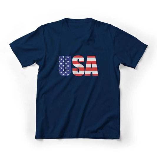 USA Flag Letters 4th of July Graphic Tee - Navy